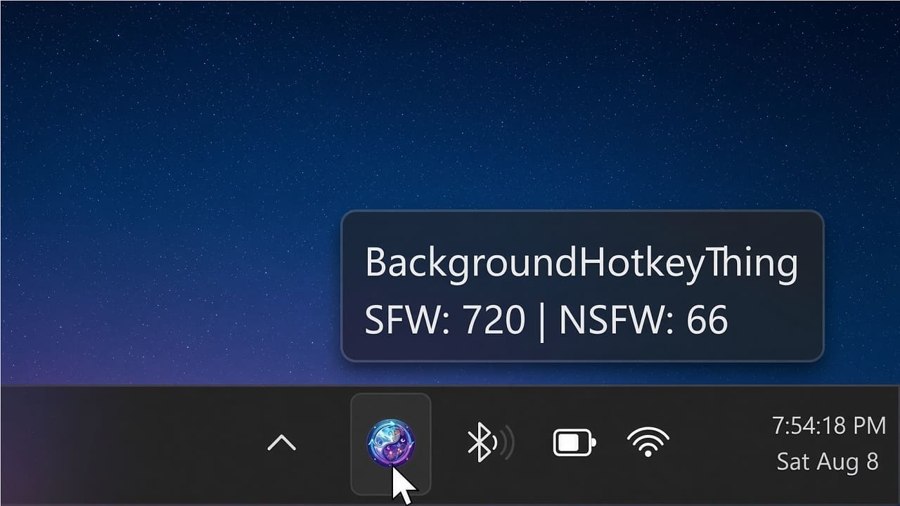 Windows 11 tray — real app icon Windows 11 tray with the BackgroundHotkeyThing icon